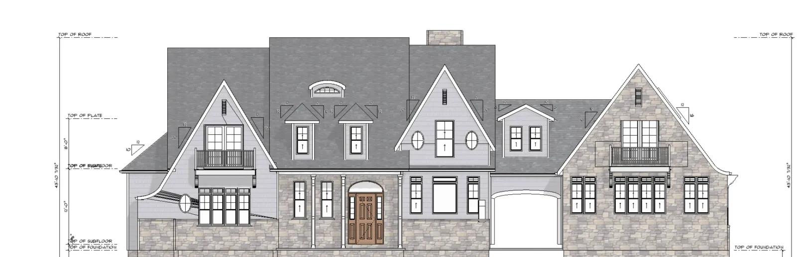 Front elevation drawing of a custom cottage-style home