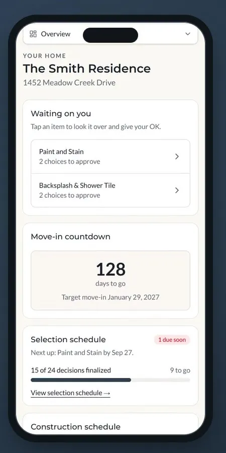 The portal on a phone, showing the move-in countdown and the selections waiting for approval